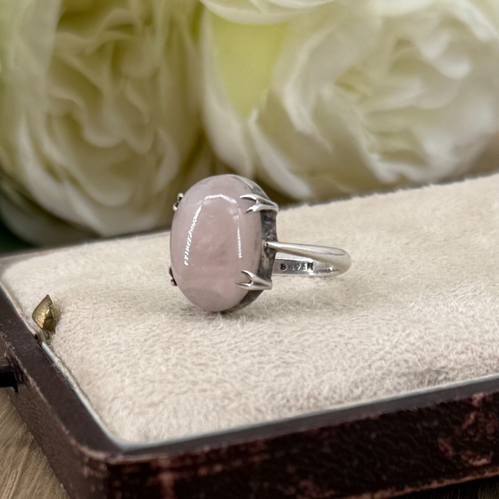 Vintage Sterling Silver Rose Quartz Ring – UK Size K1/2 – Claw Set Cabochon