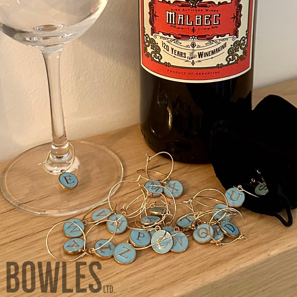A to Z Wine Glass Charms – Pack of 26 Alphabet Drink Markers with Velvet Bag
