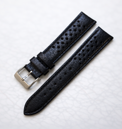 Brand New Rally Style Leather Watch Strap – Black – Genuine Calf Leather