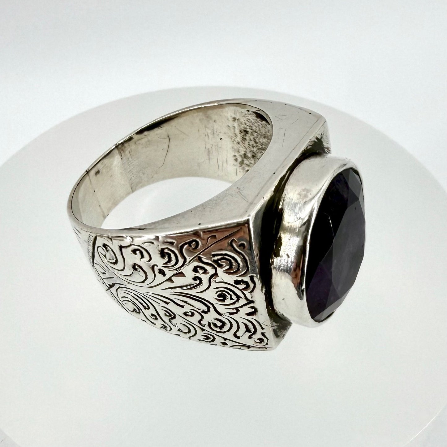 Vintage Sterling Silver Amethyst Signet Ring - UK Size W
