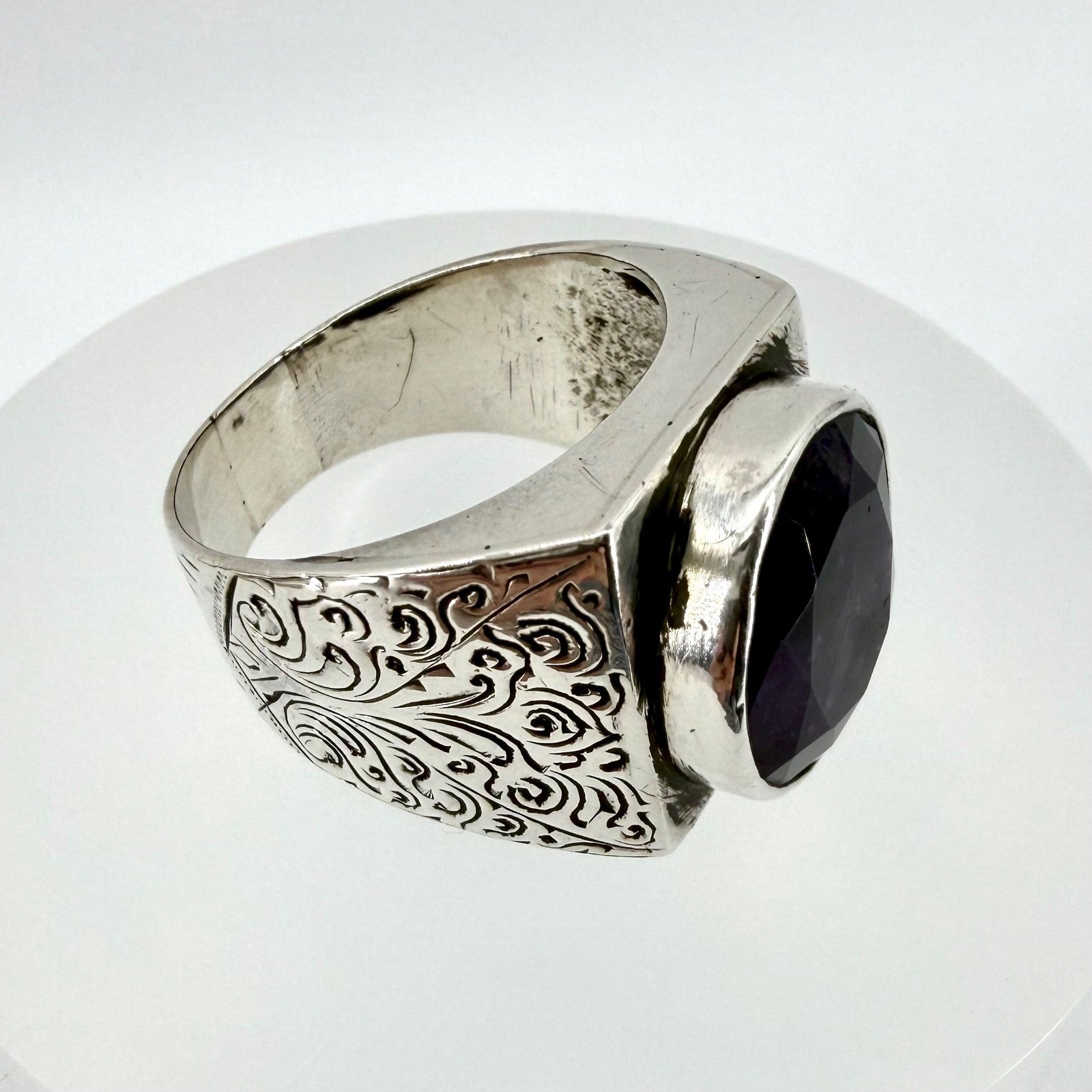 Vintage Sterling Silver Amethyst Signet Ring - UK Size W