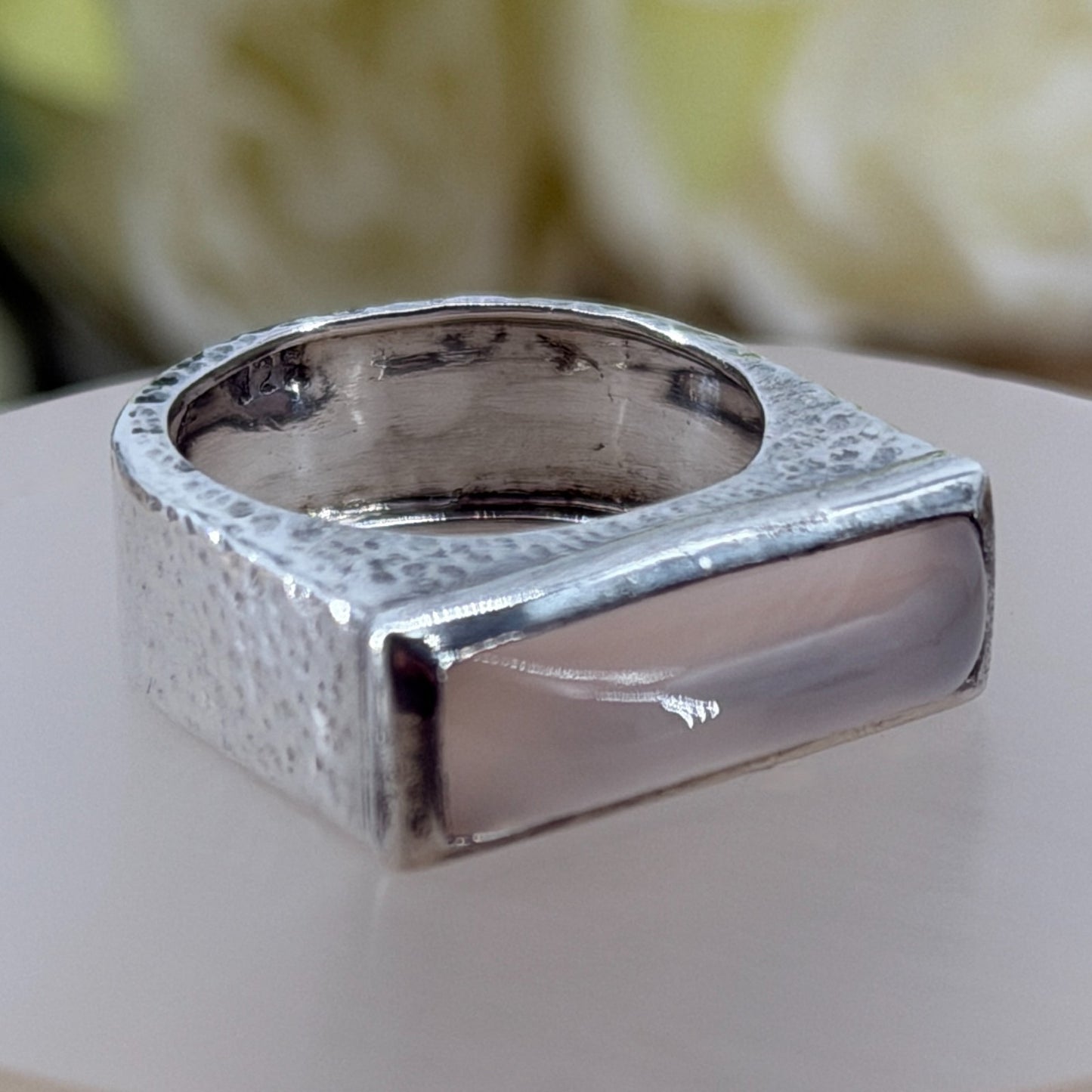 Vintage 925 Sterling Silver Rose Quartz Ring – UK Size Q – Rectangular Cabochon