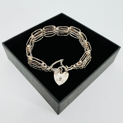 Vintage Sterling Silver Gate Link Bracelet - Heart Padlock - Hallmarked