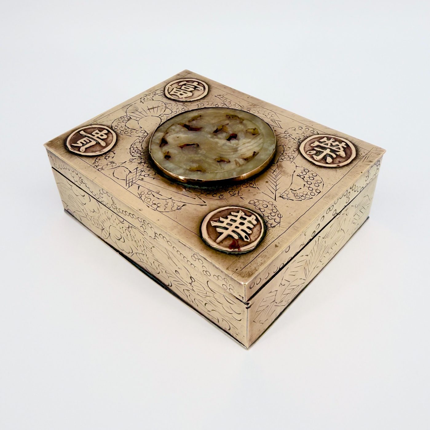 Antique Chinese Brass Box with Carved Stone Inlay and Wood Lining - image 8