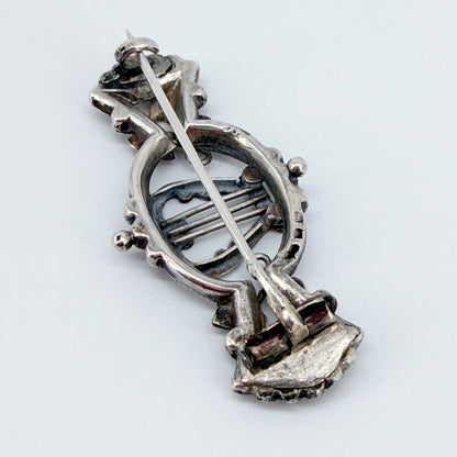 Antique Sterling Silver Lyre Brooch with Gilt Detail – c.19th Century