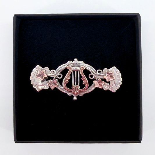 Antique Sterling Silver Lyre Brooch with Gilt Detail – c.19th Century