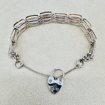 Vintage Sterling Silver Gate Link Bracelet - Heart Padlock - Hallmarked