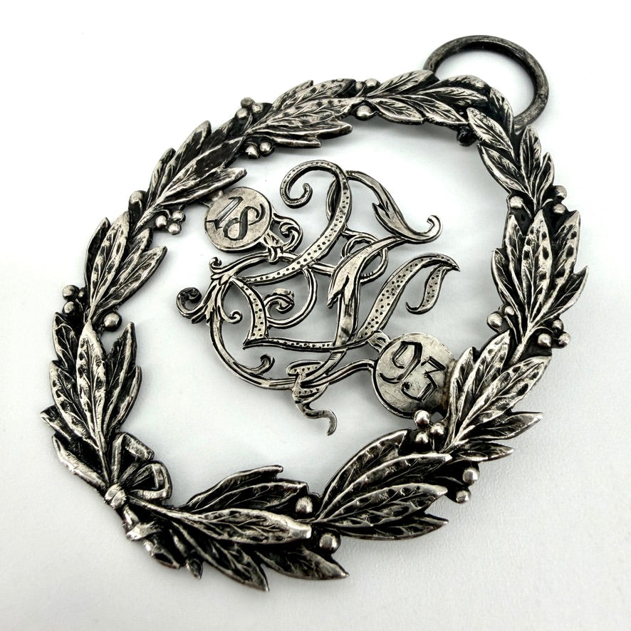 Antique White Metal Laurel Wreath Pendant 1893