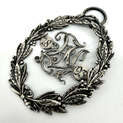 Antique White Metal Laurel Wreath Pendant 1893