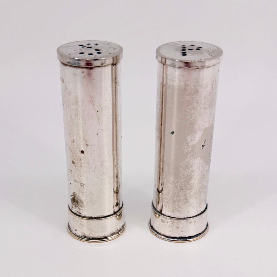 Vintage Shotgun Cartridge Salt & Pepper Pots – Silver Plated Novelty Cruet Set