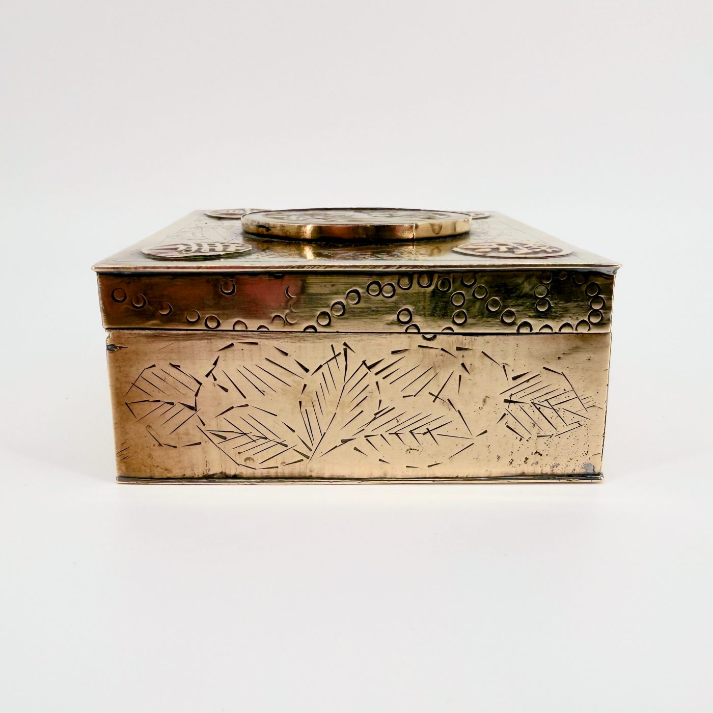 Antique Chinese Brass Box with Carved Stone Inlay and Wood Lining - image 6
