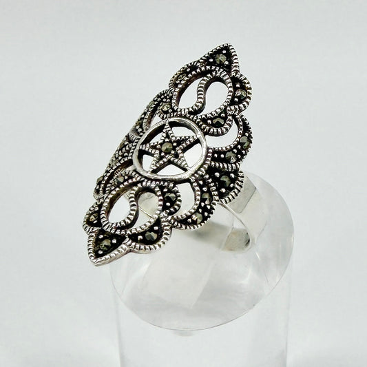 Vintage Sterling Silver Marcasite Statement Ring – Size R½ – 925