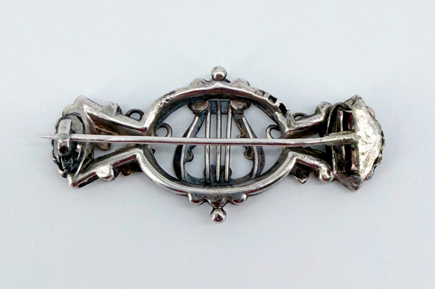Antique Sterling Silver Lyre Brooch with Gilt Detail – c.19th Century