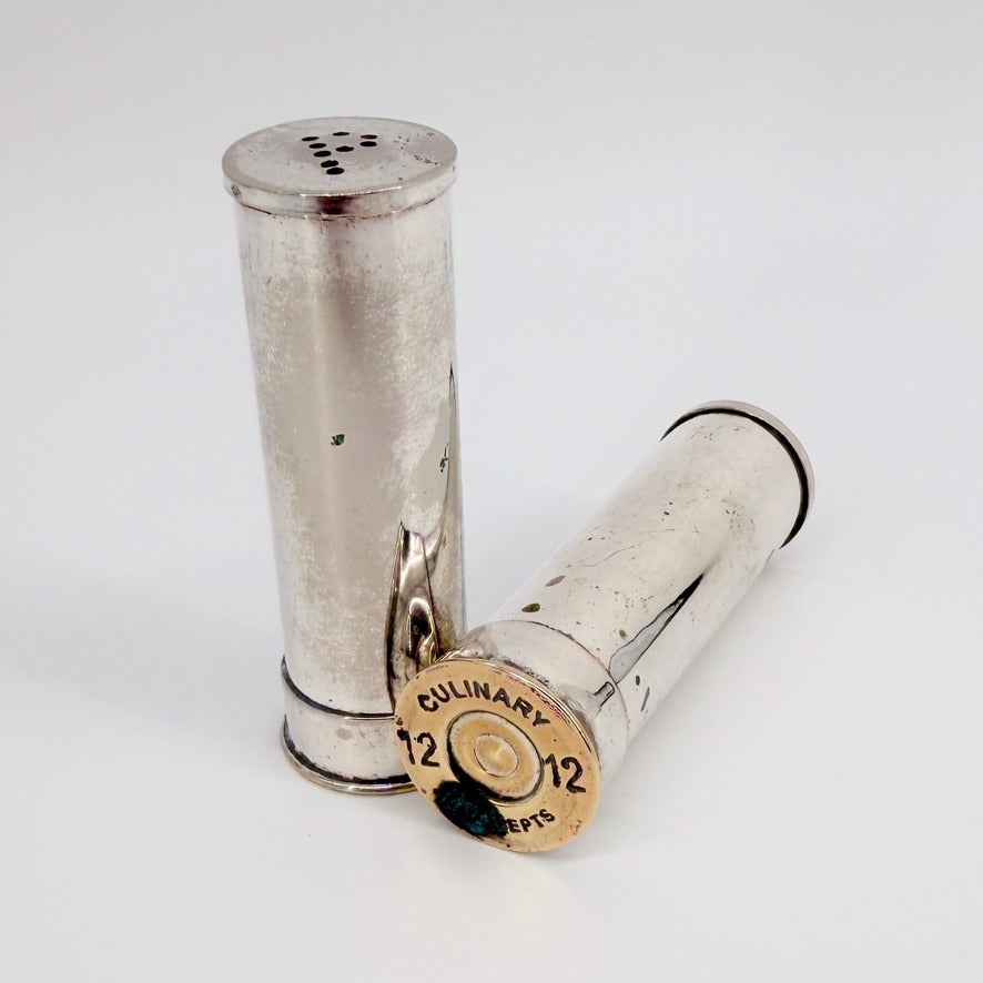 Vintage Shotgun Cartridge Salt & Pepper Pots – Silver Plated Novelty Cruet Set