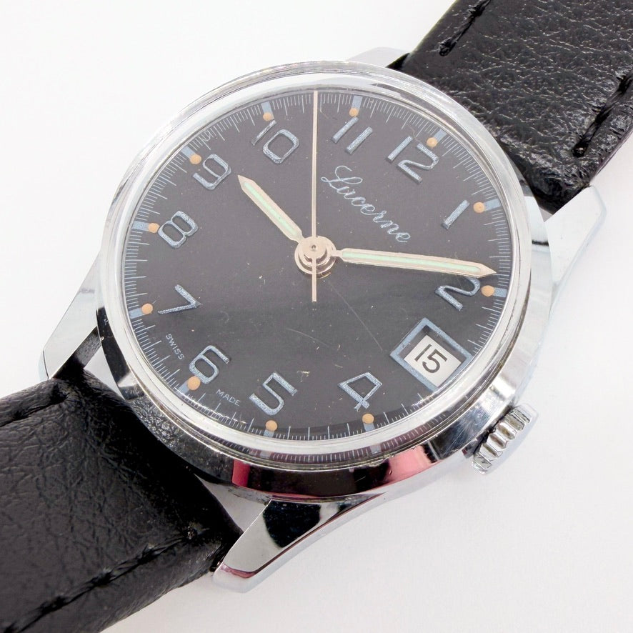 Lucerne Manual Wind Wristwatch - Black Dial - c.1970s - Working