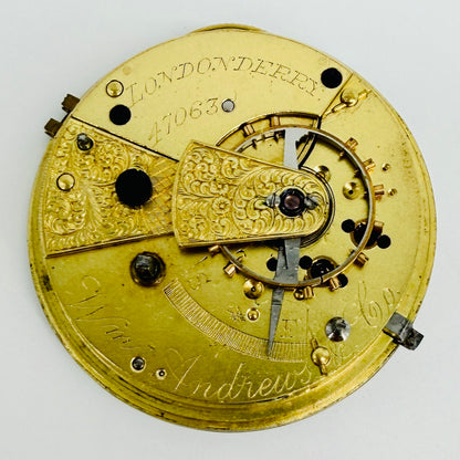 Antique Fusee Pocket Watch Movement - W. Andrews Londonderry - 39.5mm - Spares/Repair