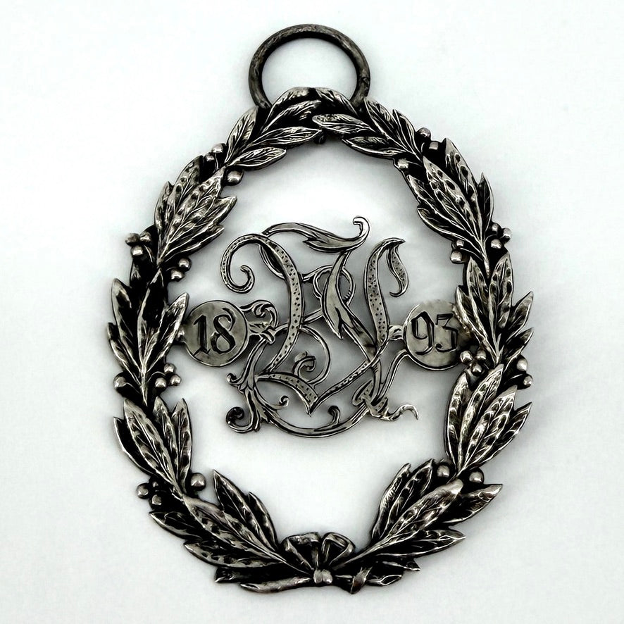 Antique White Metal Laurel Wreath Pendant 1893