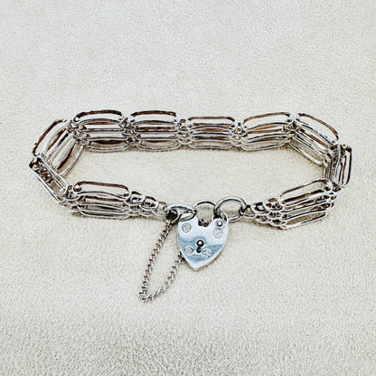 Vintage Sterling Silver Gate Link Bracelet - Heart Padlock - Hallmarked