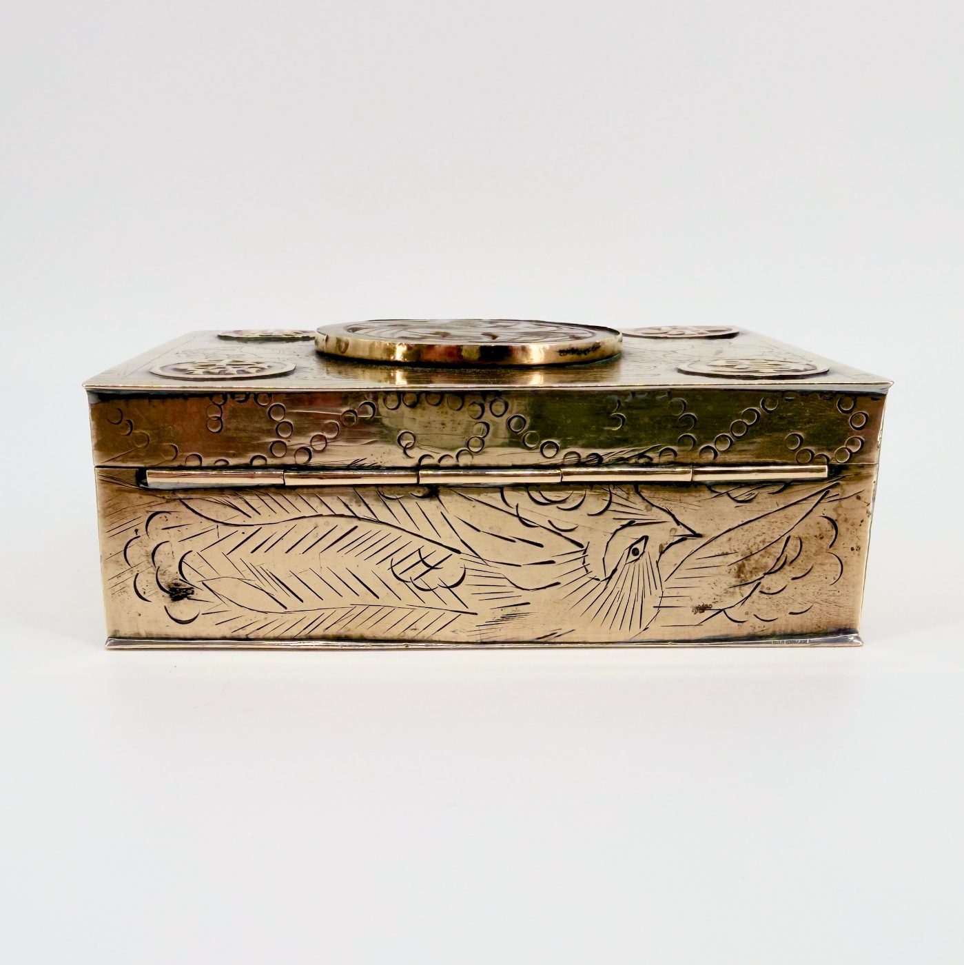 Antique Chinese Brass Box with Carved Stone Inlay and Wood Lining - image 4