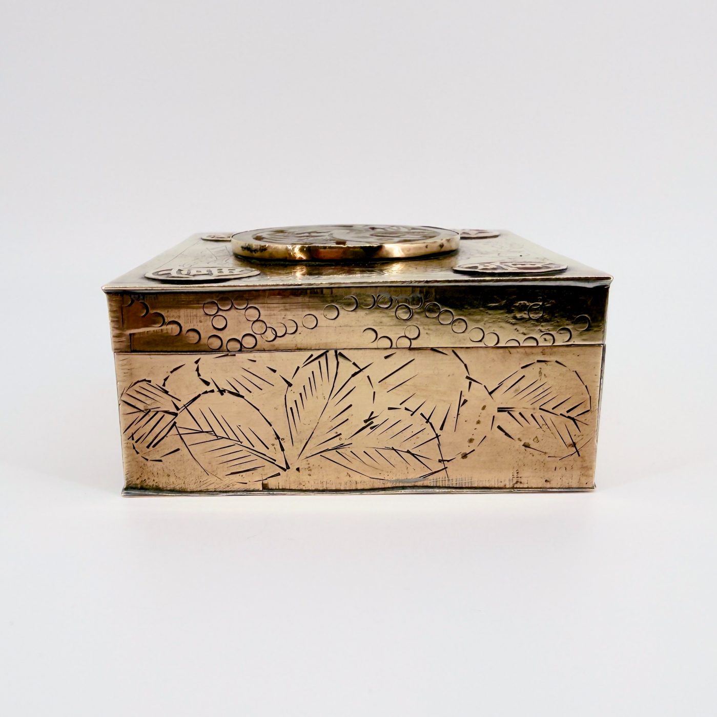 Antique Chinese Brass Box with Carved Stone Inlay and Wood Lining - image 3