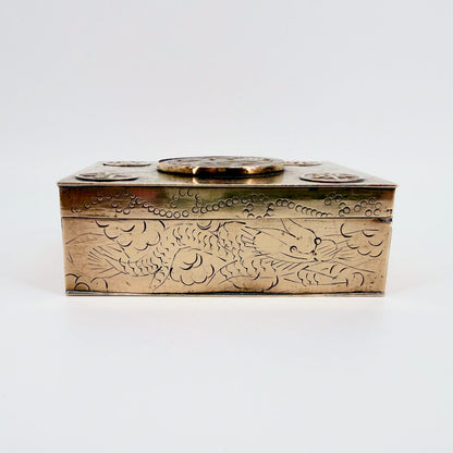 Antique Chinese Brass Box with Carved Stone Inlay and Wood Lining - image 2