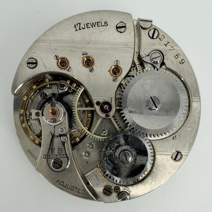 Antique Swiss Pocket Watch Movement - 17 Jewels Adjusted - 43.2mm - Working Service Required